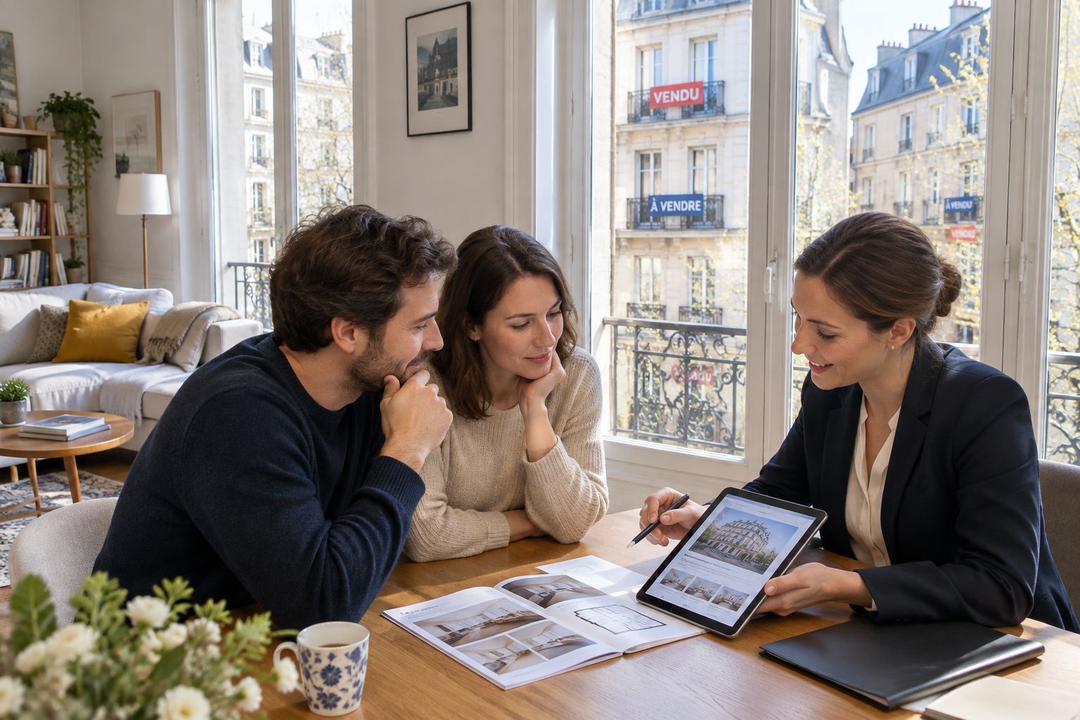 Couple et agent immobilier analysant le marché depuis un appartement en ville