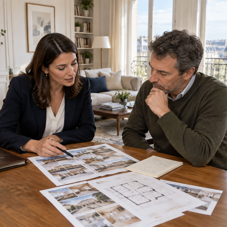 Agent immobilier et propriétaire analysant une estimation dans un salon lumineux