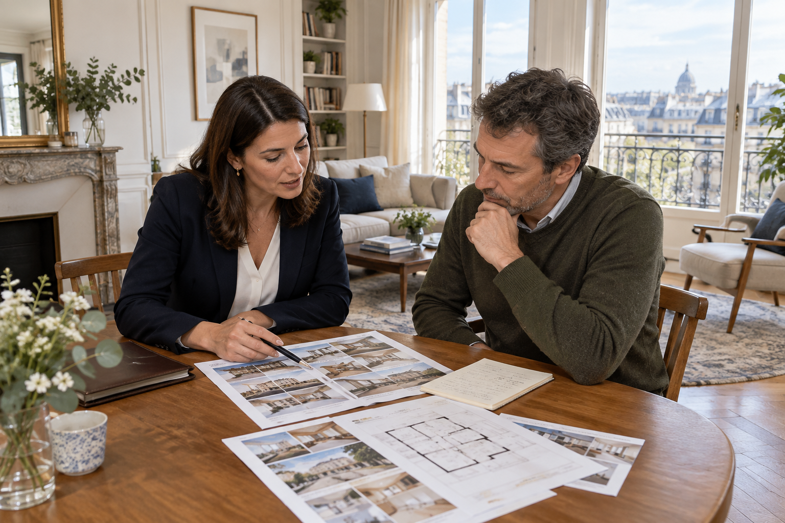 Agent immobilier et propriétaire analysant une estimation dans un salon lumineux