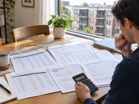 Acheteur analysant des documents de rentabilité locative avant un achat