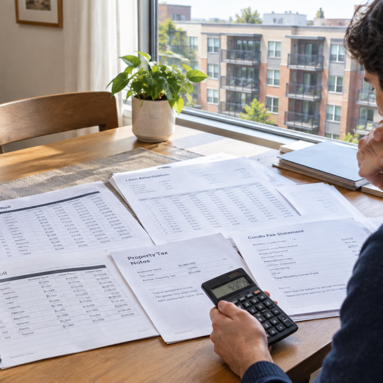 Acheteur analysant des documents de rentabilité locative avant un achat