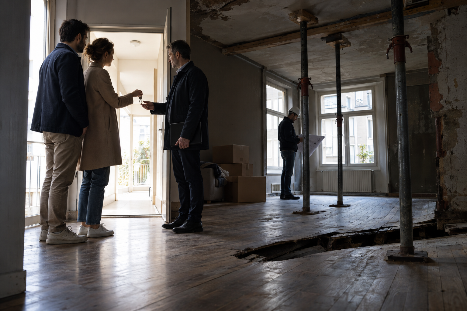 Expert immobilier examinant des traces d’humidité sur un mur