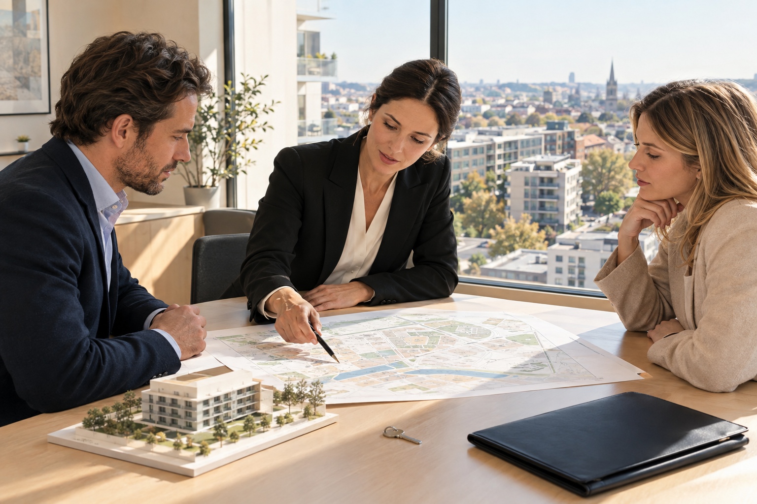 Agent immobilier présentant un contrat de vente à des acquéreurs