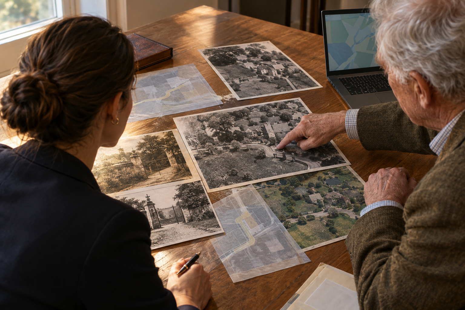 Agent immobilier consultant un plan cadastral devant une maison