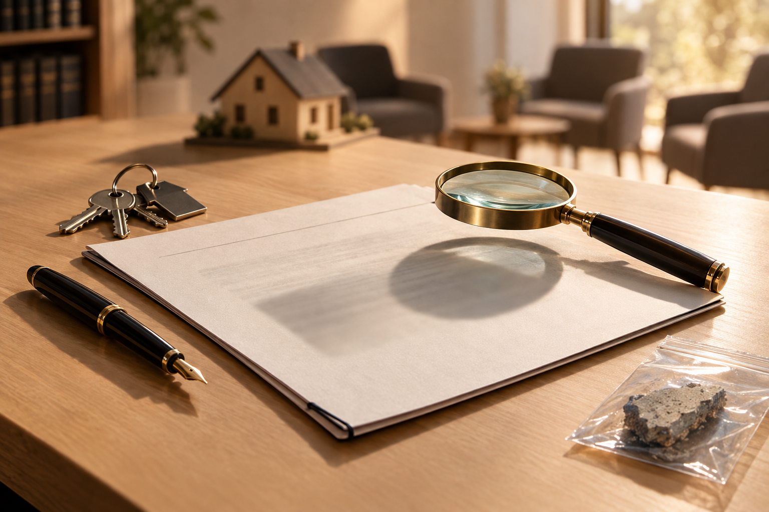 Propriétaire consultant un diagnostic immobilier et un acte de vente