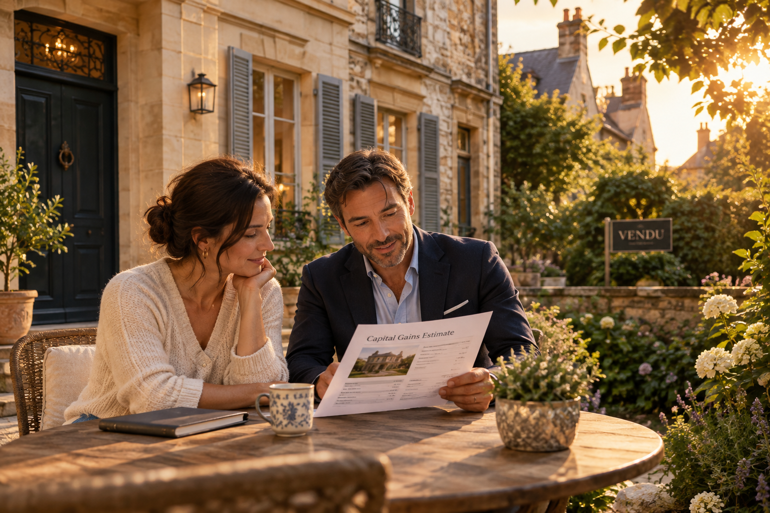 Propriétaire et conseiller immobilier devant une maison de ville au moment d'estimer