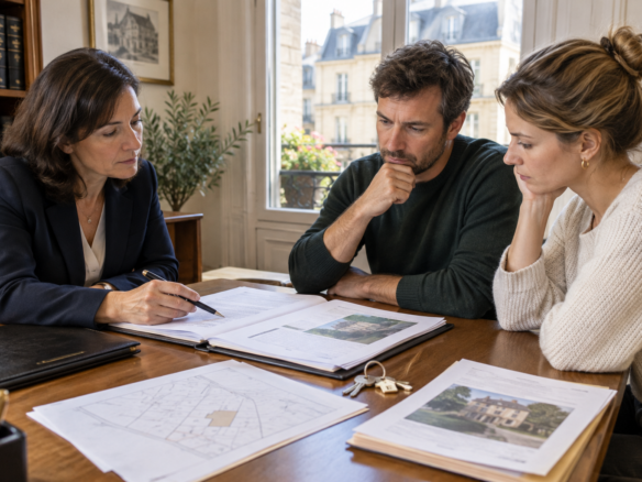 Co-heirs reviewing documents to sell an inherited property held in joint ownership