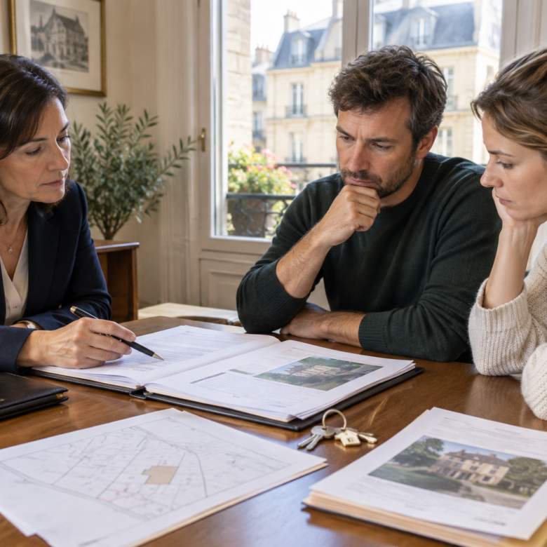 Co-heirs reviewing documents to sell an inherited property held in joint ownership