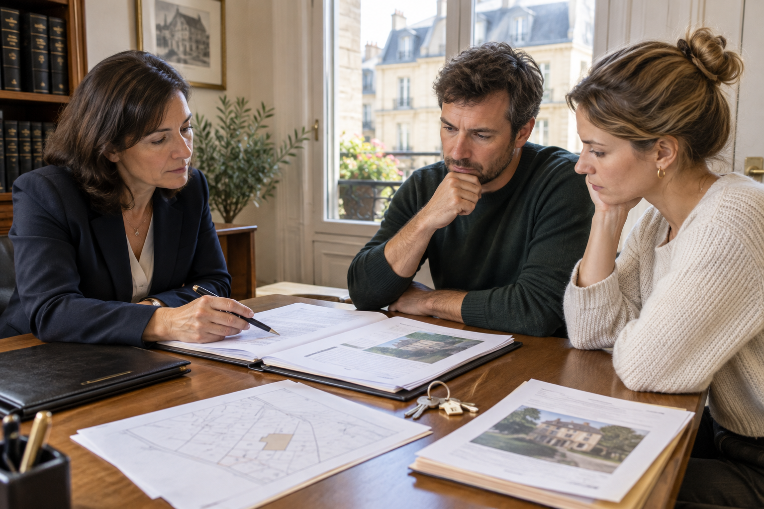 Co-heirs reviewing documents to sell an inherited property held in joint ownership