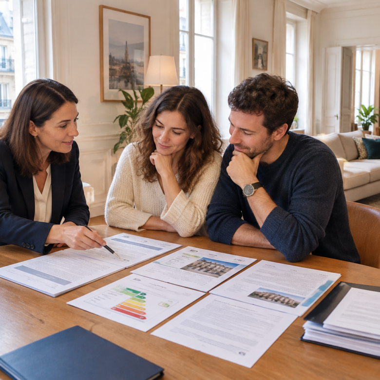 Visite d'un appartement lumineux avec documents rassurants posés sur la table