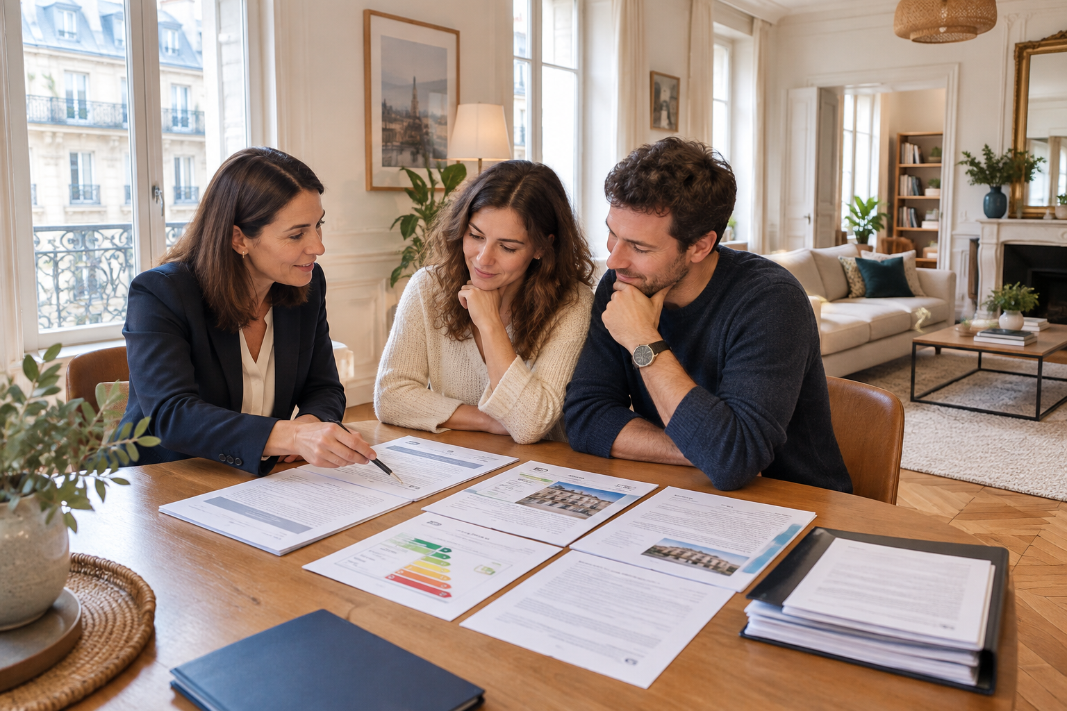 Visite d'un appartement lumineux avec documents rassurants posés sur la table