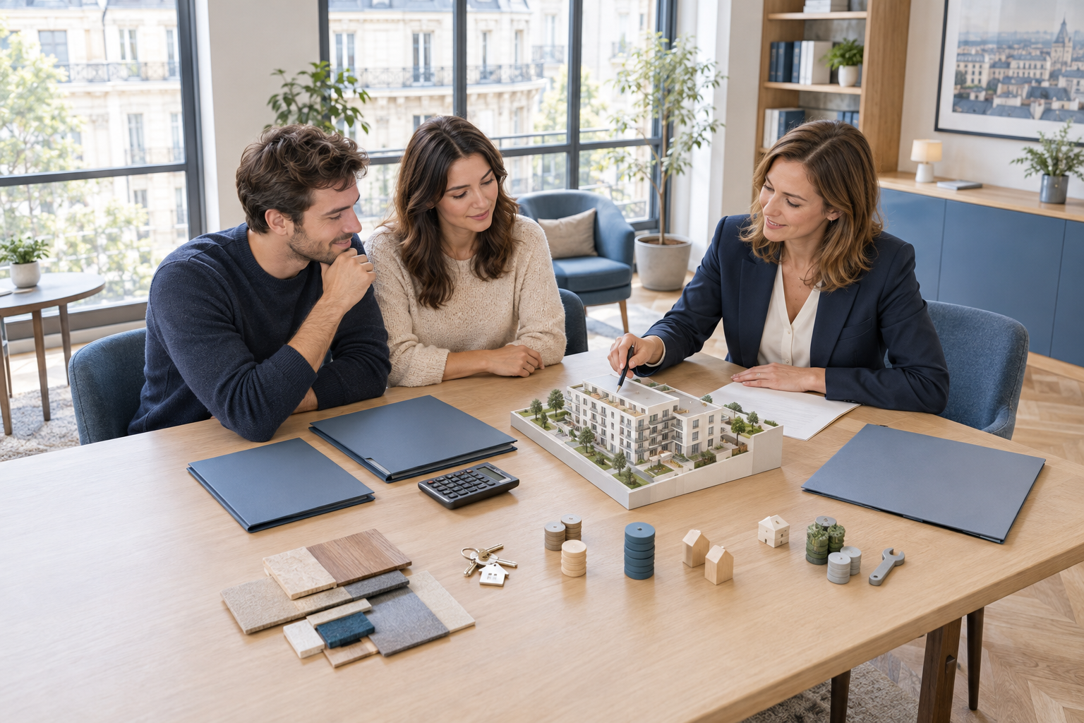 Young couple and property adviser planning a home purchase together