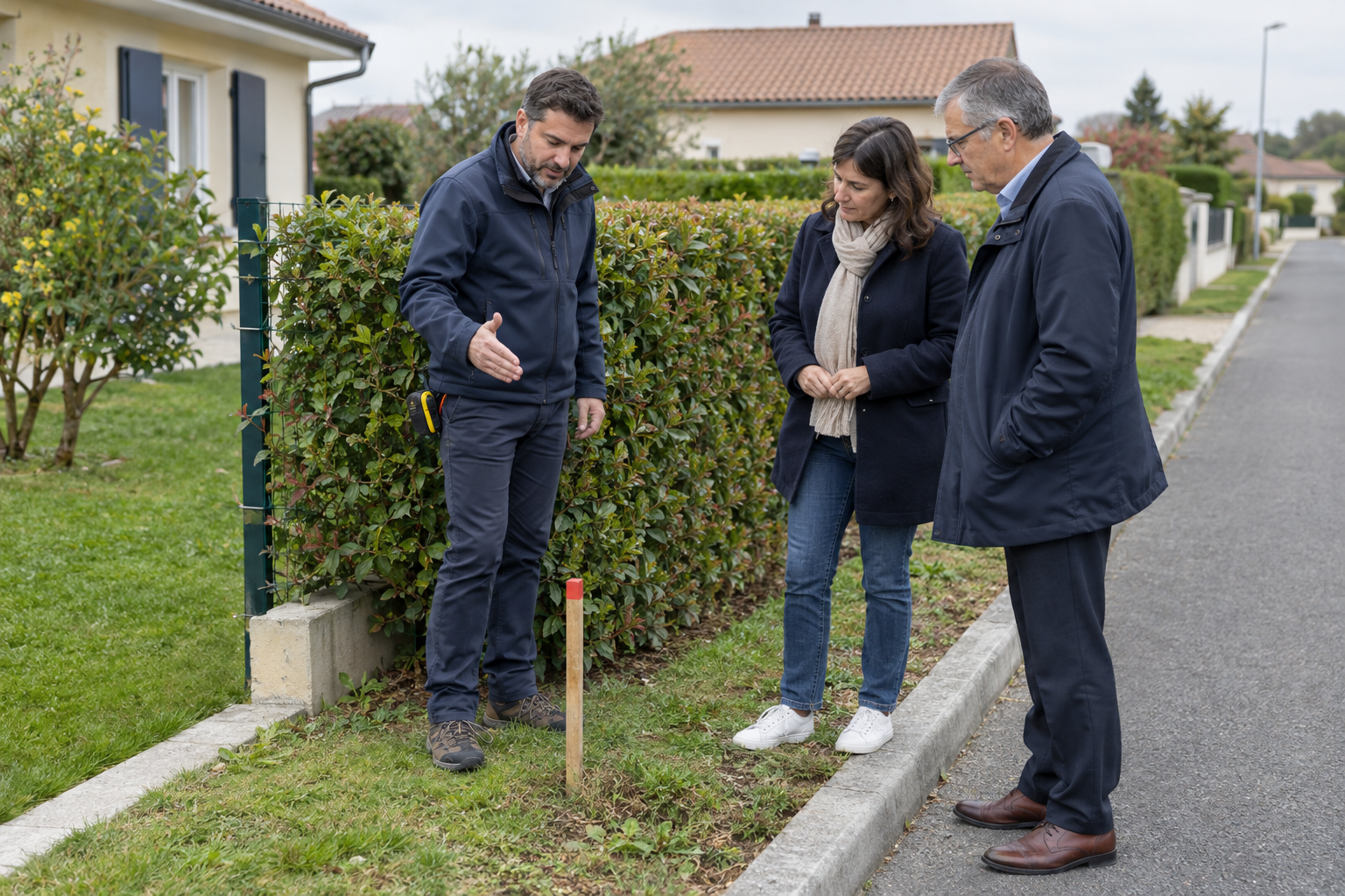 Géomètre posant une borne entre deux terrains voisins
