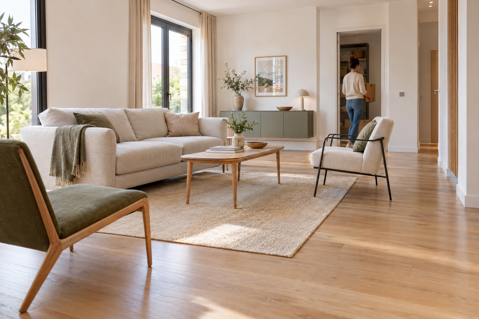 Salon lumineux désencombré avec mobilier neutre et décoration épurée