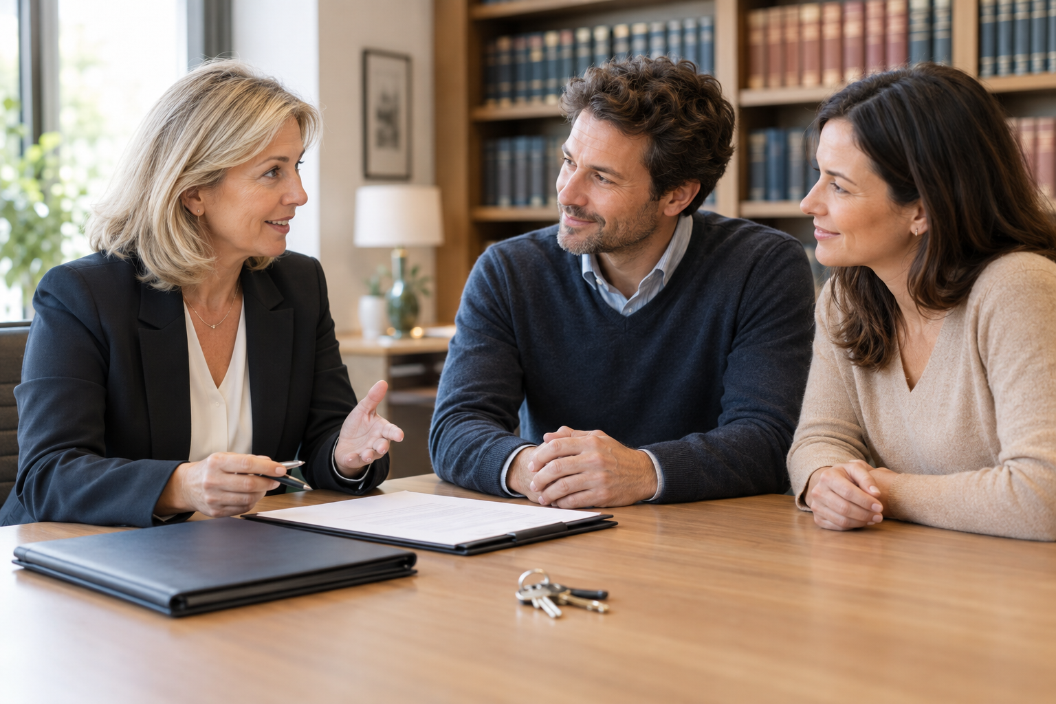 Notaire présentant les règles de vente aux propriétaires indivis