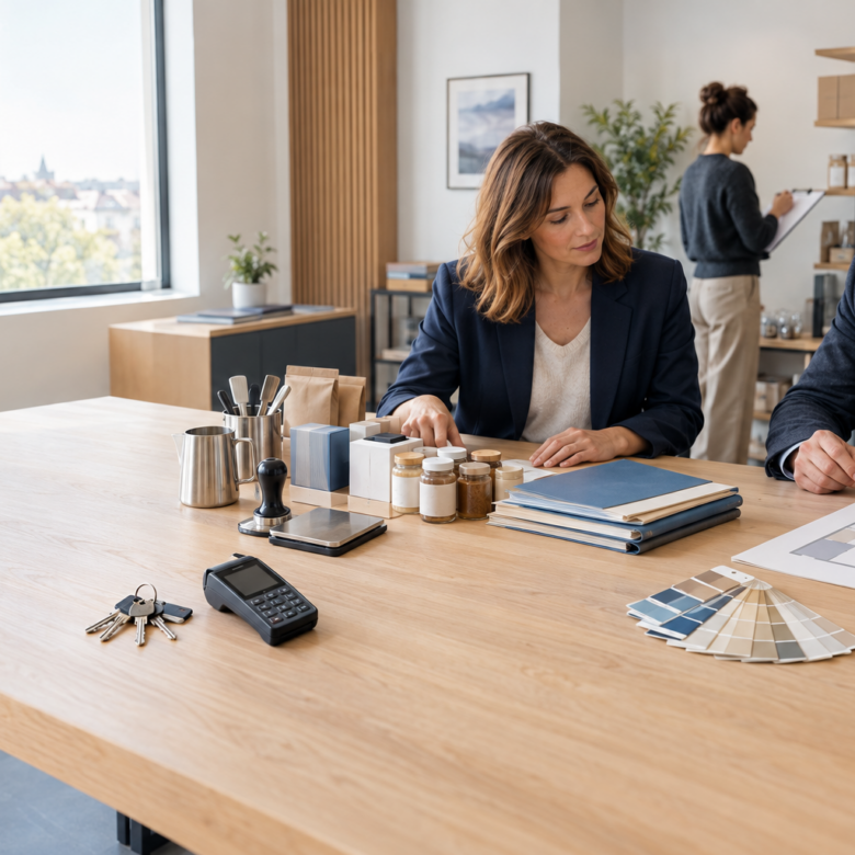 Entrepreneuse et conseillers évaluant méthodiquement les actifs dun commerce
