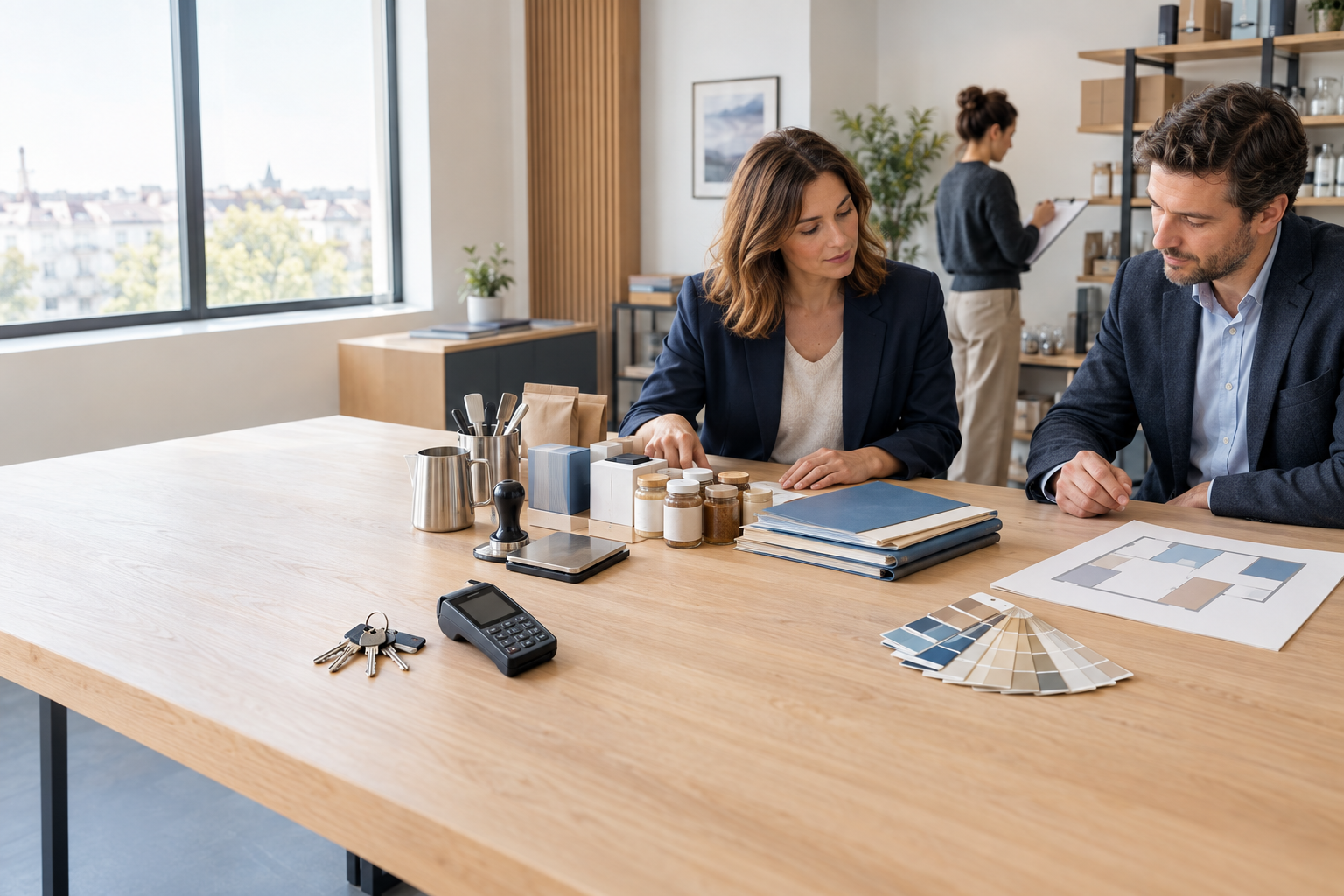 Entrepreneuse et conseillers évaluant méthodiquement les actifs dun commerce