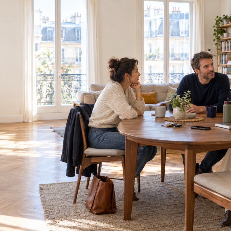 Three adults calmly discuss shared apartment occupancy in a bright living room