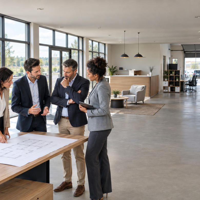 Executives and adviser assess a bright contemporary commercial space