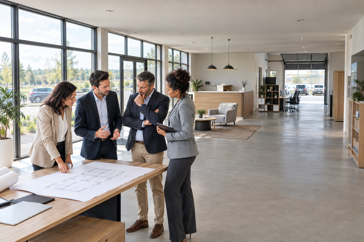 Executives and adviser assess a bright contemporary commercial space