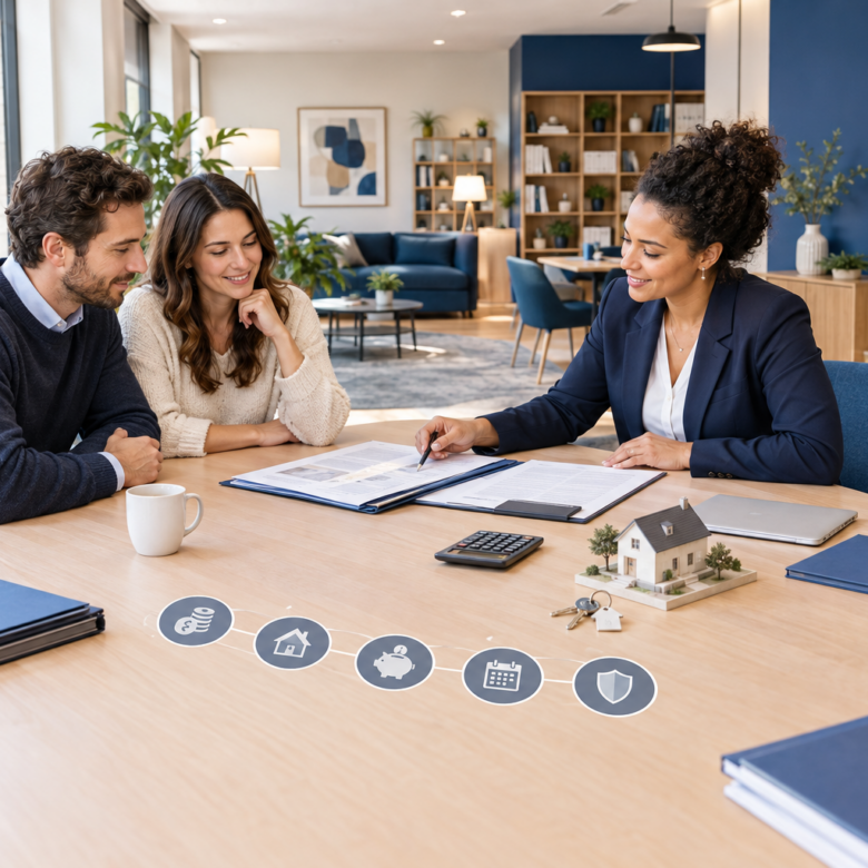 Couple and financial adviser discussing a mortgage in a modern office