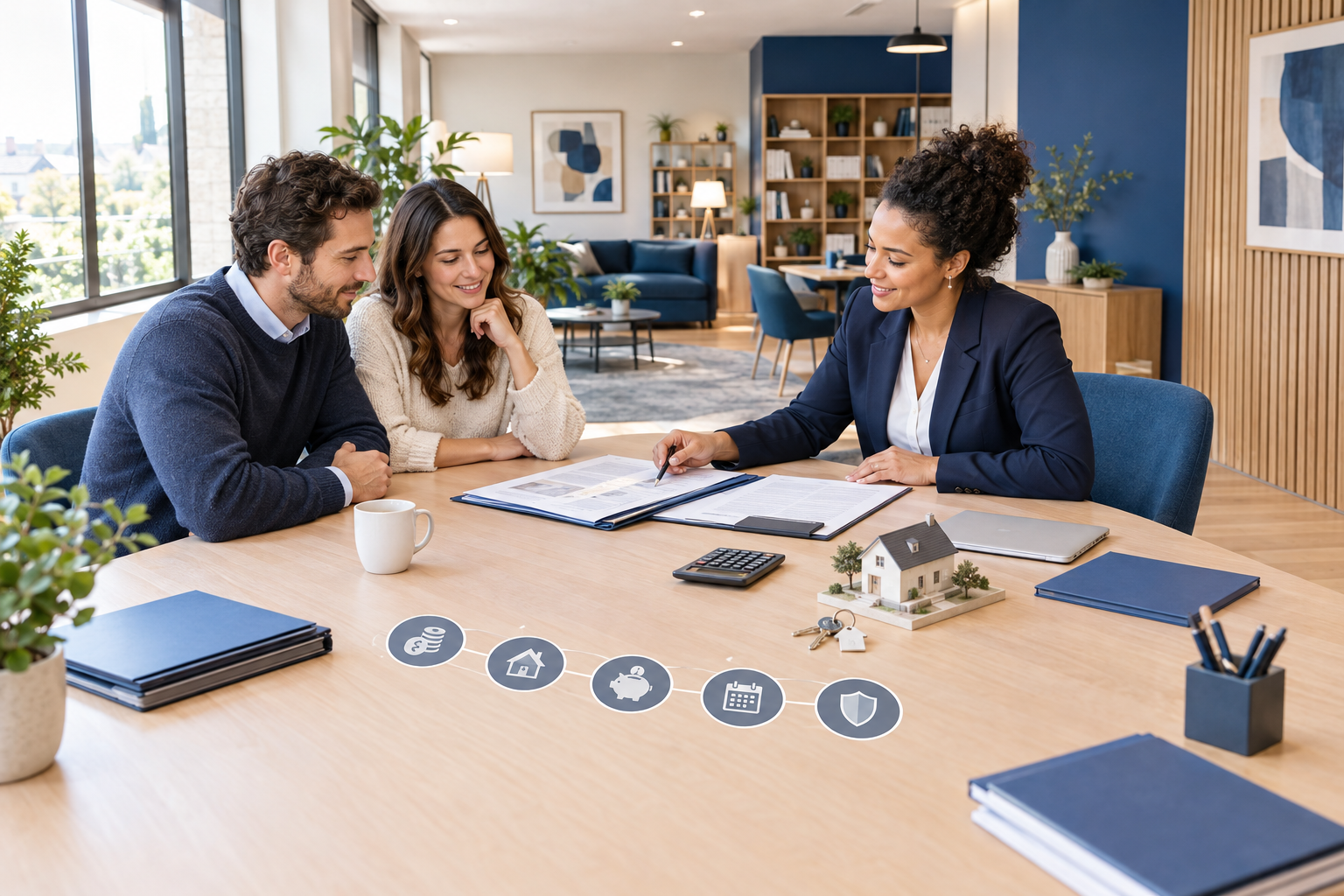 Couple and financial adviser discussing a mortgage in a modern office