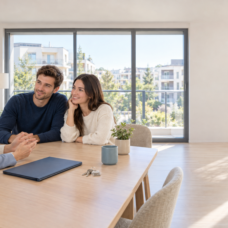 Couple meeting a financial adviser in a bright modern apartment
