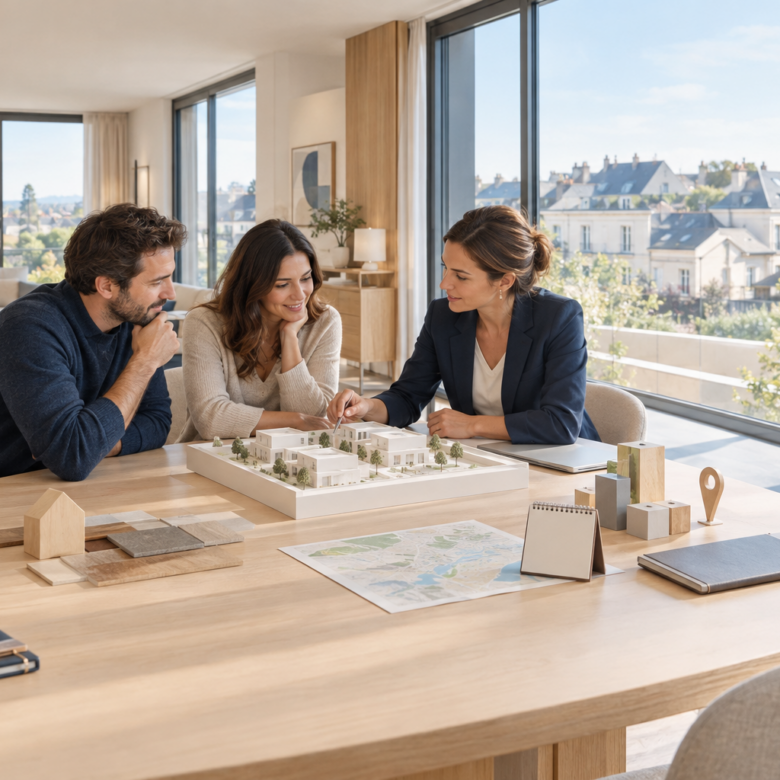 Photographie éditoriale immobilière premium, image héro panoramique illustrant un accompagnement sur mesure dès la