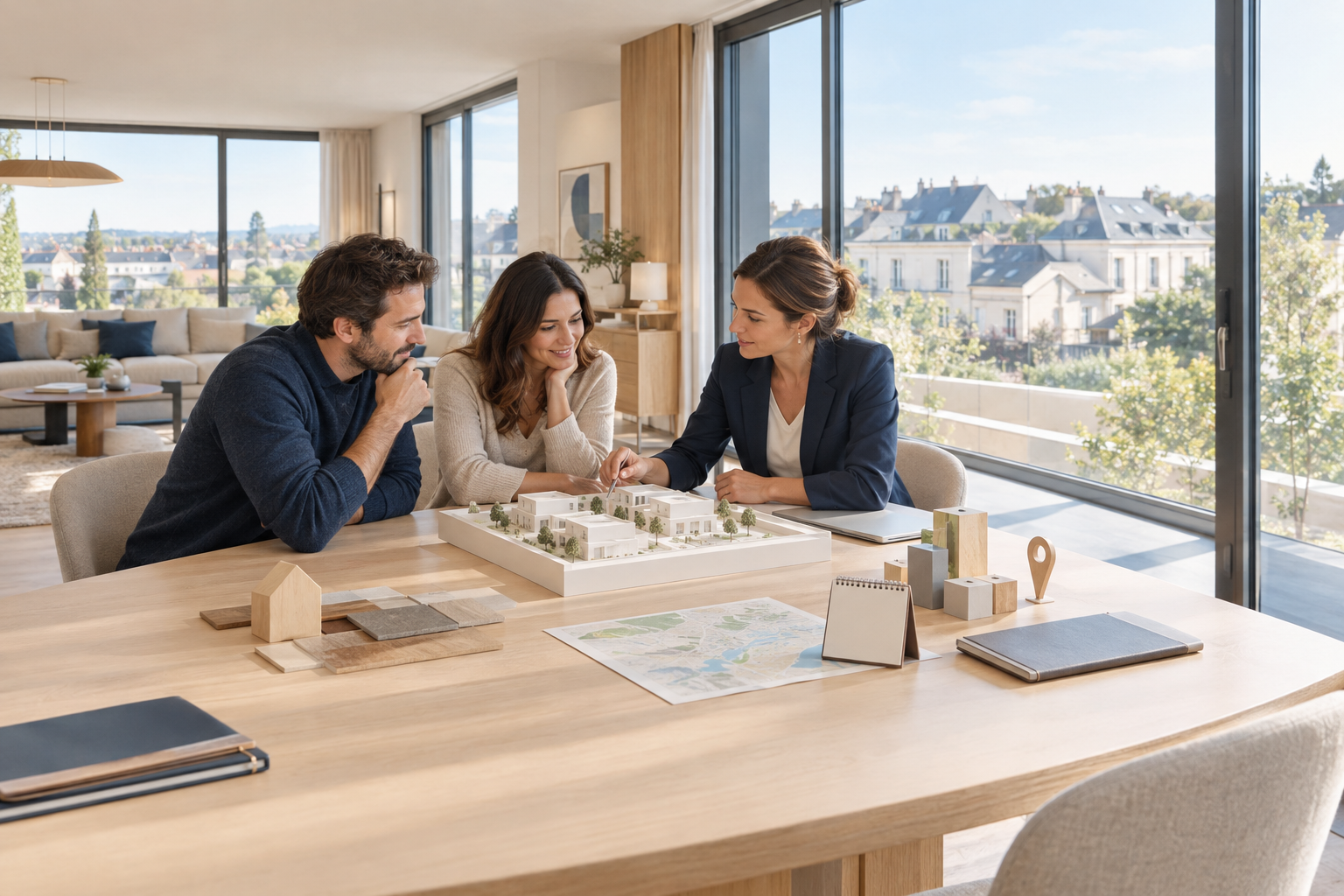 Photographie éditoriale immobilière premium, image héro panoramique illustrant un accompagnement sur mesure dès la