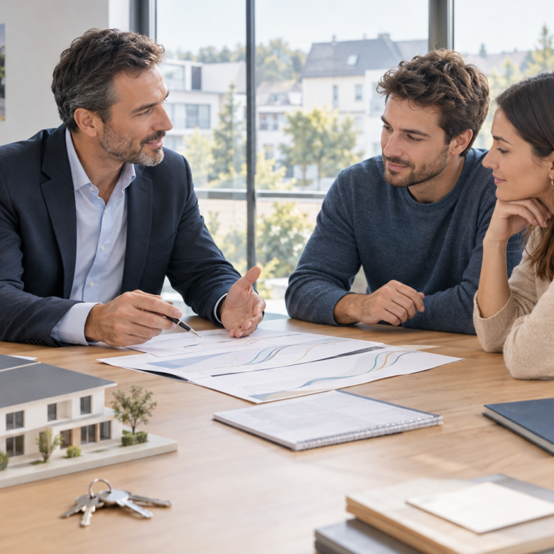 Conseiller immobilier échangeant avec un couple autour dune maquette de logement