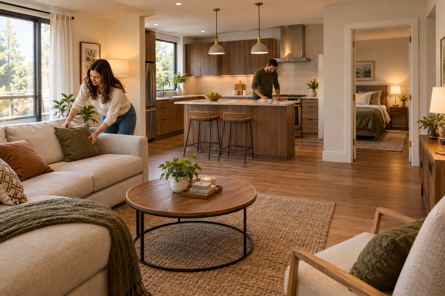 Cuisine rangée avec plan de travail dégagé et accessoires sobres