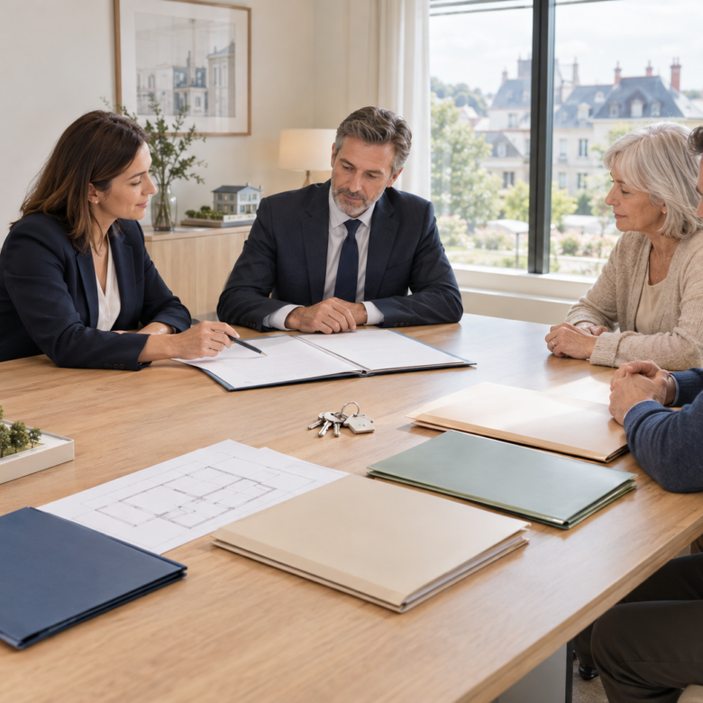 Professionals and homeowners calmly discuss a property sale around a wooden table