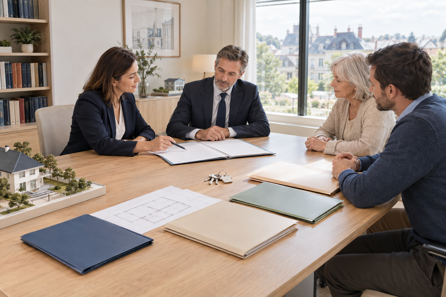 Professionals and homeowners calmly discuss a property sale around a wooden table