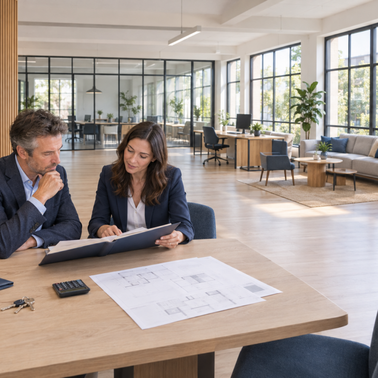 Propriétaire et conseillère évaluant un vaste espace professionnel lumineux contemporain