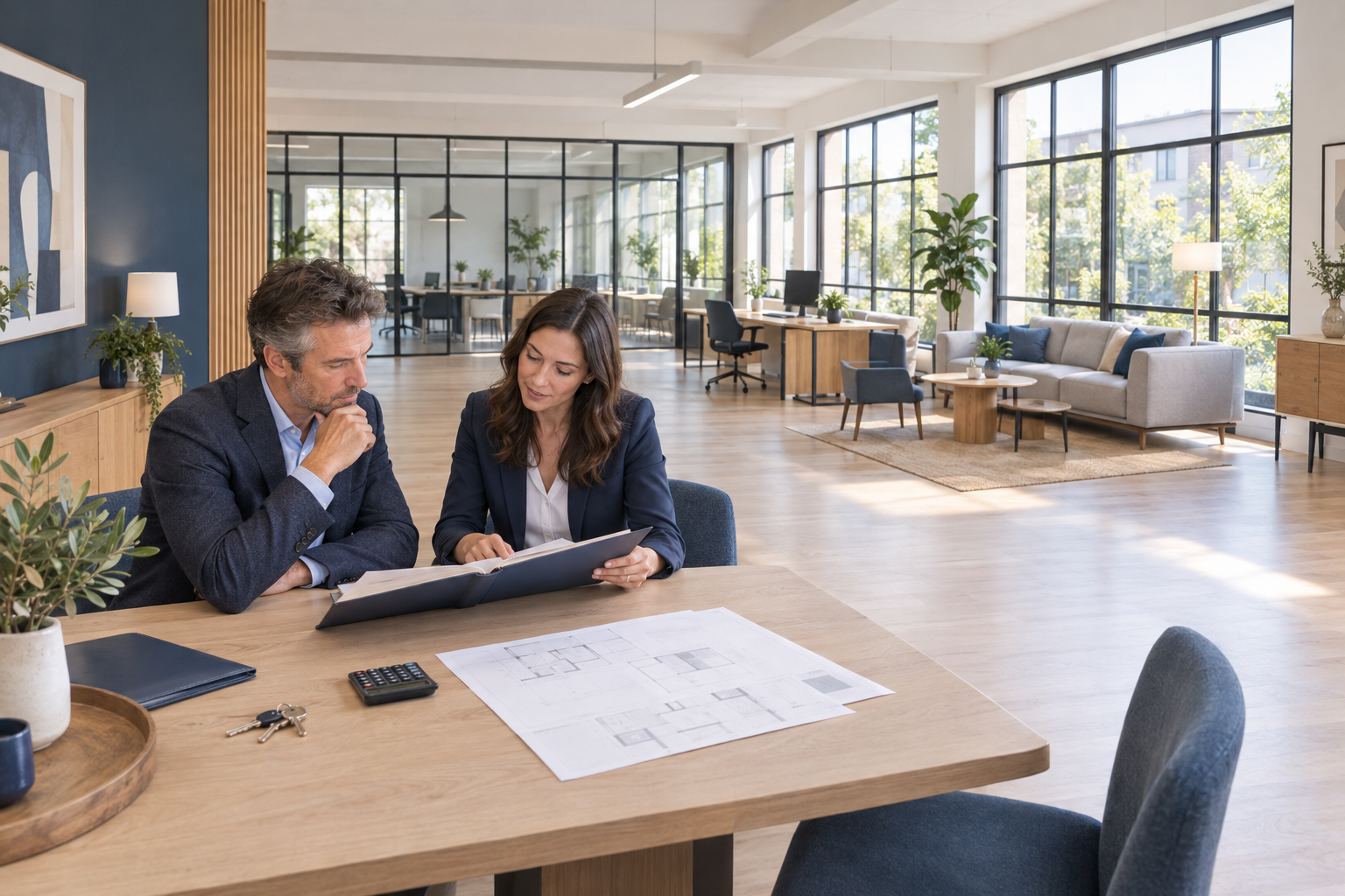 Propriétaire et conseillère évaluant un vaste espace professionnel lumineux contemporain