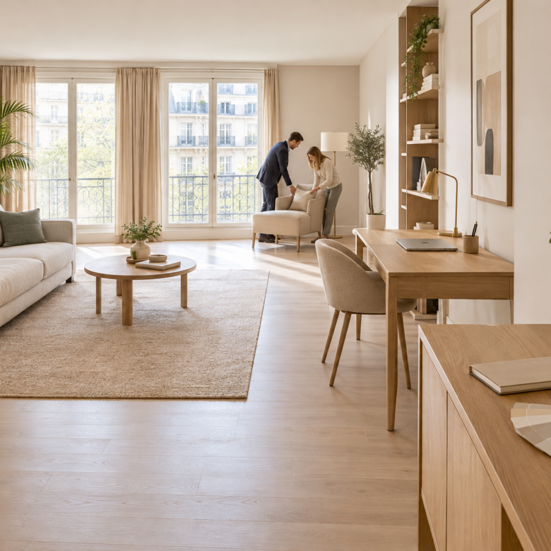 Séjour lumineux beige et bois avec bureau élégant et circulation fluide