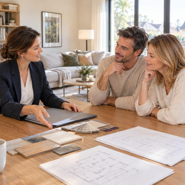 Agente immobilière conseillant un couple dans un salon français lumineux