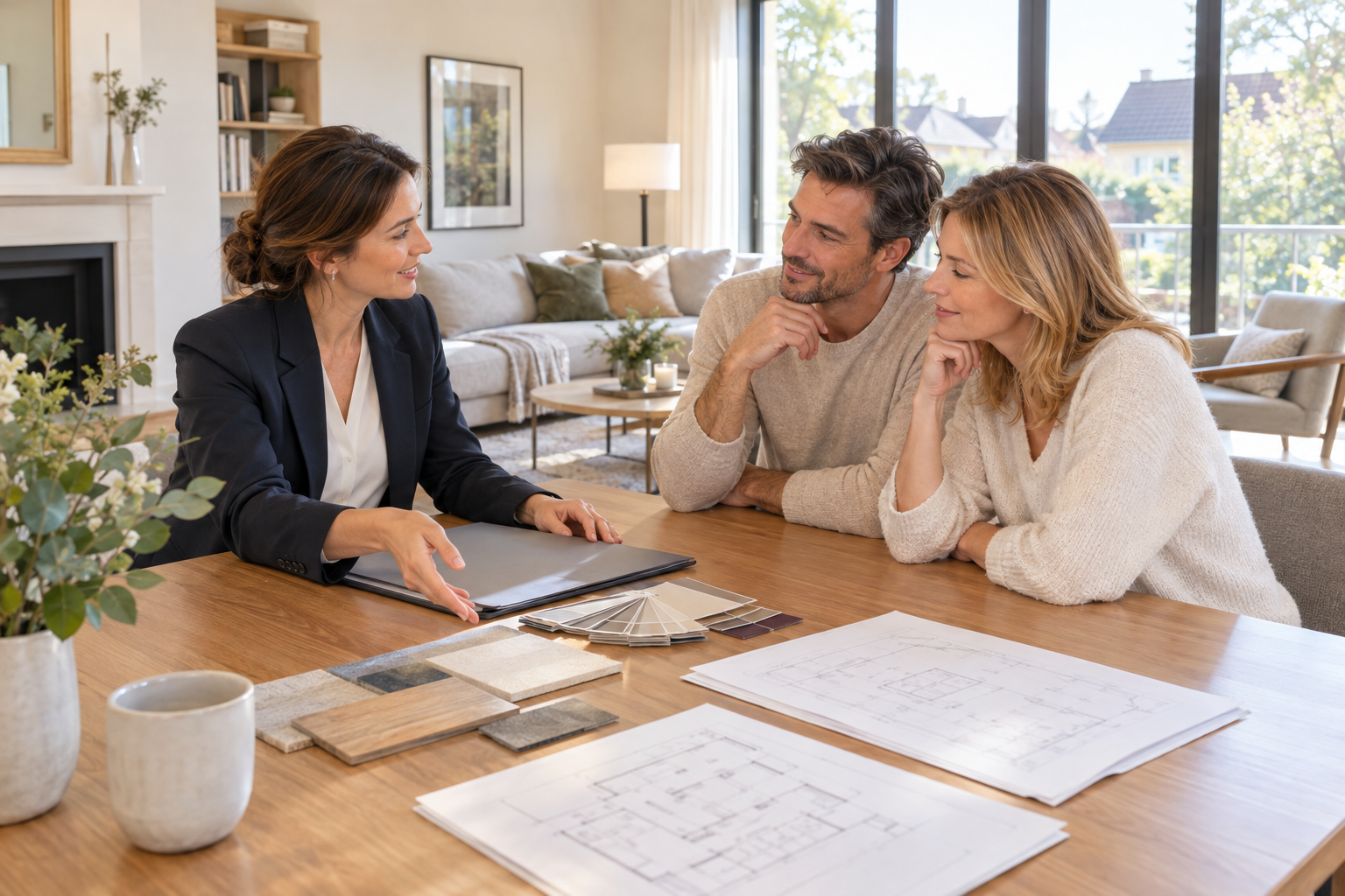 Agente immobilière conseillant un couple dans un salon français lumineux