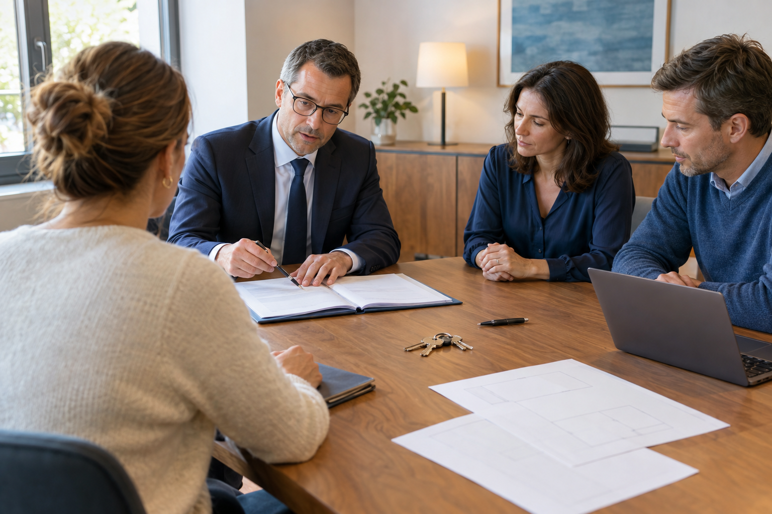 Maison détenue en indivision avec documents juridiques posés sur une table