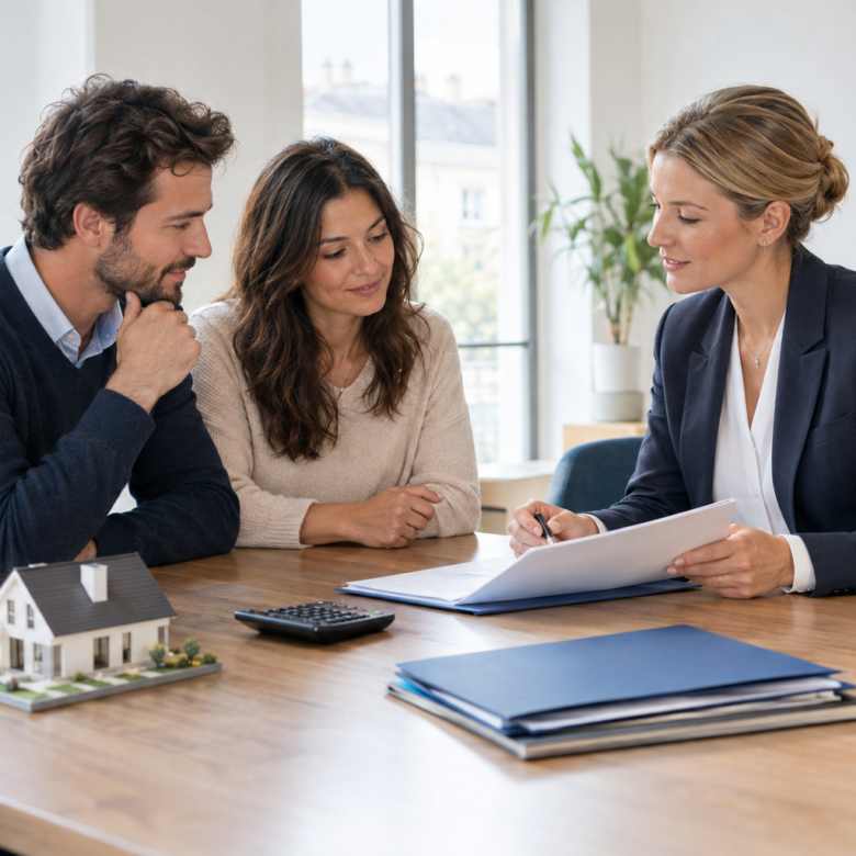 Couple discusses home financing with mortgage adviser in bright agency office
