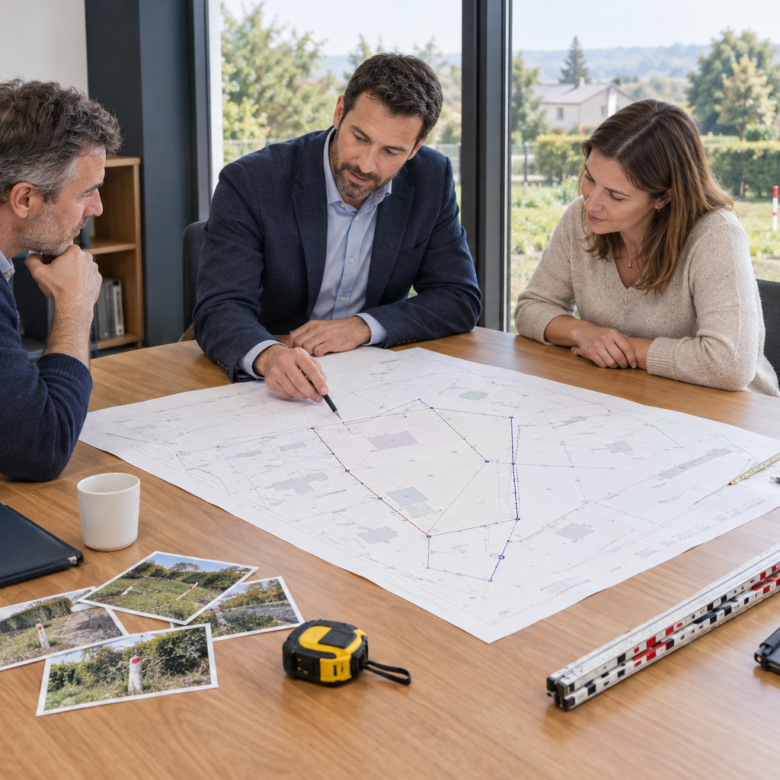 Surveyor and neighboring owners review land boundaries in a bright studio