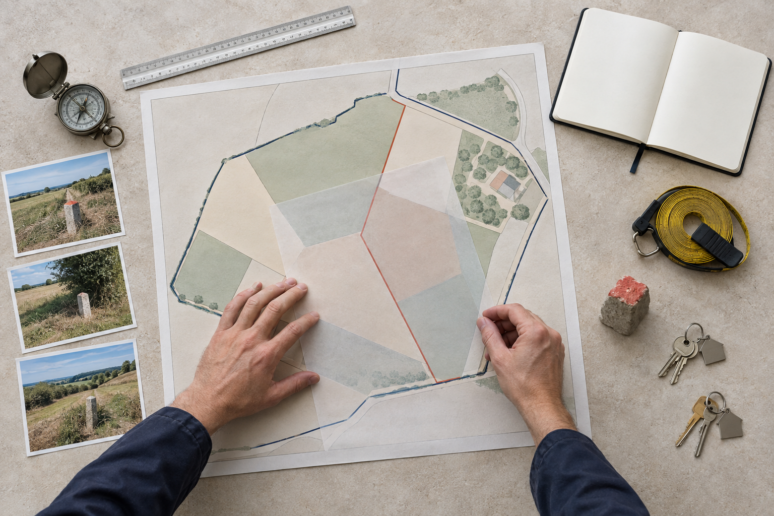 Propriétaires consultant un plan cadastral avec un géomètre