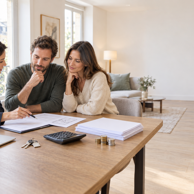 Adviser and couple review home purchase costs in a bright apartment